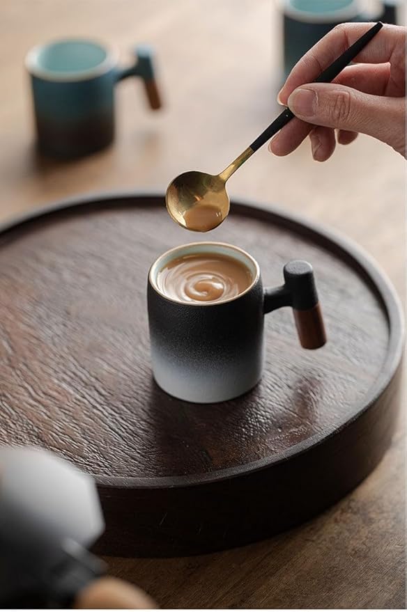 2-Oz Ceramic Espresso Cups with Wood Handle, 2/4-Piece Set for Coffee, Tea, Latte - Dishwasher Safe, Multi-Color & Wood Styles, Gift & Café Use (black white, Wooden Handle2)