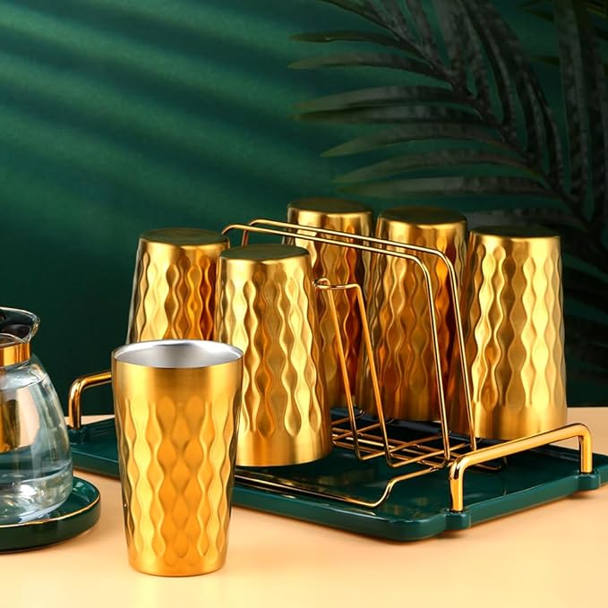 10oz Stainless Steel Cup Set, 2Pcs Double Wall Metal Cup，Vacuum Stackable Insulated Portable Drinking Tumblers Unbreakable Glasses，for Home Outdoor Restaurant (Gold)