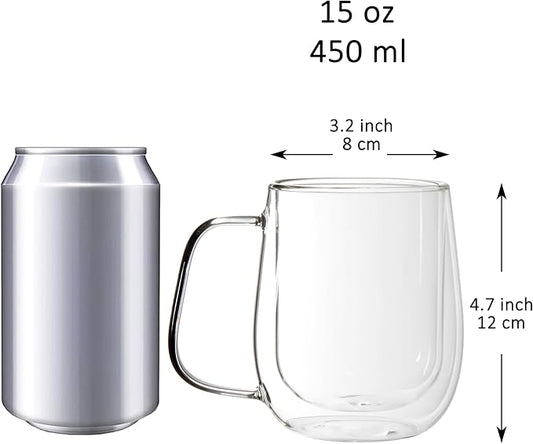 Youngever 2 Pack Glass Coffee Cups, Double Wall Thermo Insulated Coffee Cups, Glass Coffee Mugs with Handle (15 Ounce)