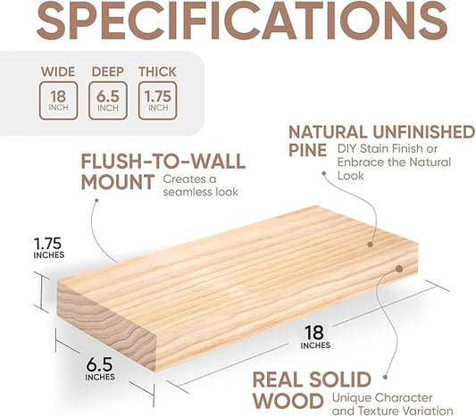 Homeforia 18 inch Wood Floating Shelves, High End Solid Natural Wood 18inch Floating Shelf for Wall Mounted, Unfinished Wooden 18in Floating Shelves, Heavy Duty Bracket, 18 X 6.5 X 1.75 inch, Set of 2