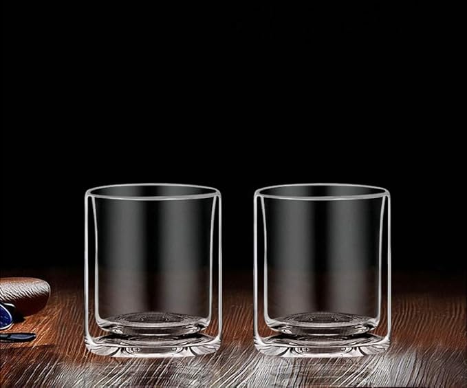 Sun's Tea Double Walled Drinking Glass, Manhattan-Style Glass for Hot and Cold Liquids, Whiskey, Bourbon, Vodka, and Scotch Borosilicate Clear Glass, Set of 2