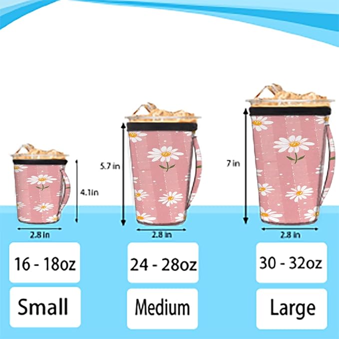 Reusable Iced Coffee Cup Sleeve Flower Daisy Neoprene Insulated Sleeves Cup Holder with handle Idea for 24oz - 28oz