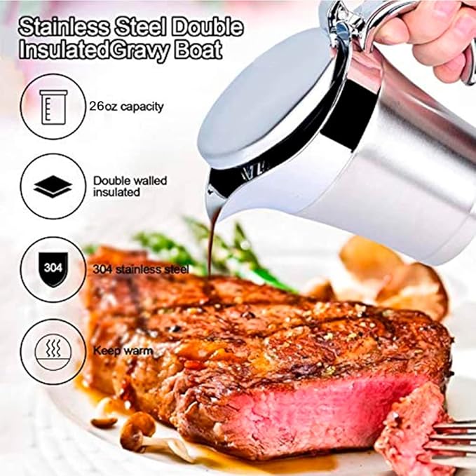 Gravy Boat 26oz Extra Large Double Insulated 304 Stainless Steel, Gravy Warmer, Double Wall Creamer Pitcher and Caramel Sauce for Coffee, Stainless Steel Pitcher