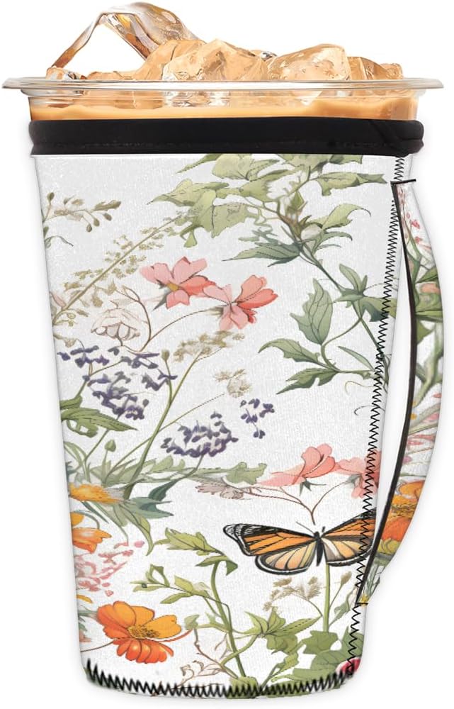 Reusable Iced Coffee Cup Sleeve Spring Flowers Butterfly Neoprene Insulated Sleeves Cup Holder with handle Idea for 24oz - 28oz