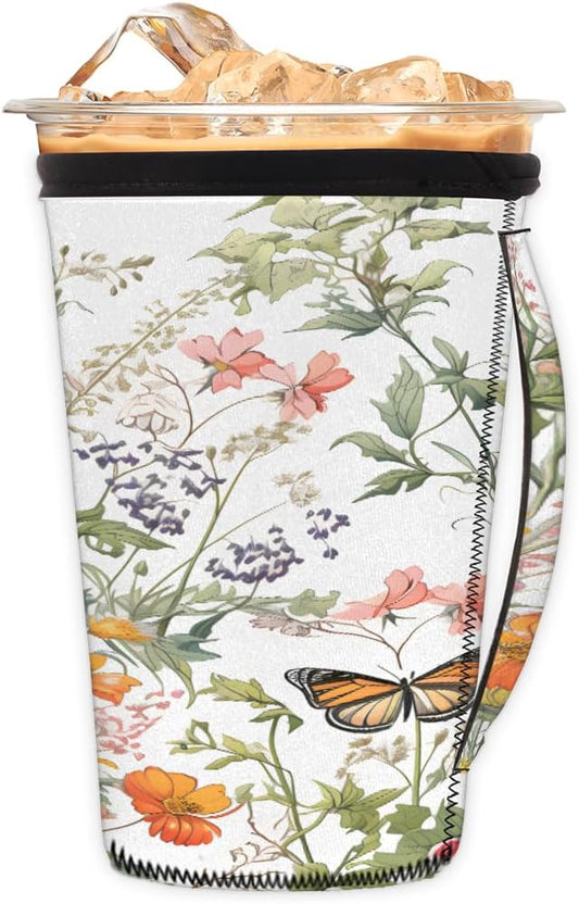 Reusable Iced Coffee Cup Sleeve Spring Flowers Butterfly Neoprene Insulated Sleeves Cup Holder with handle Idea for 24oz - 28oz
