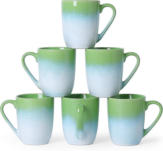 MONITO 14 OZ Coffee Mugs Set of 6, Large Ceramic Coffee Mugs，Modern Coffee Mugs Set with handle for Tea/Latte/Cappuccino/Milk/Cocoa, Funny Tea Cups for Office and Home (White-green)