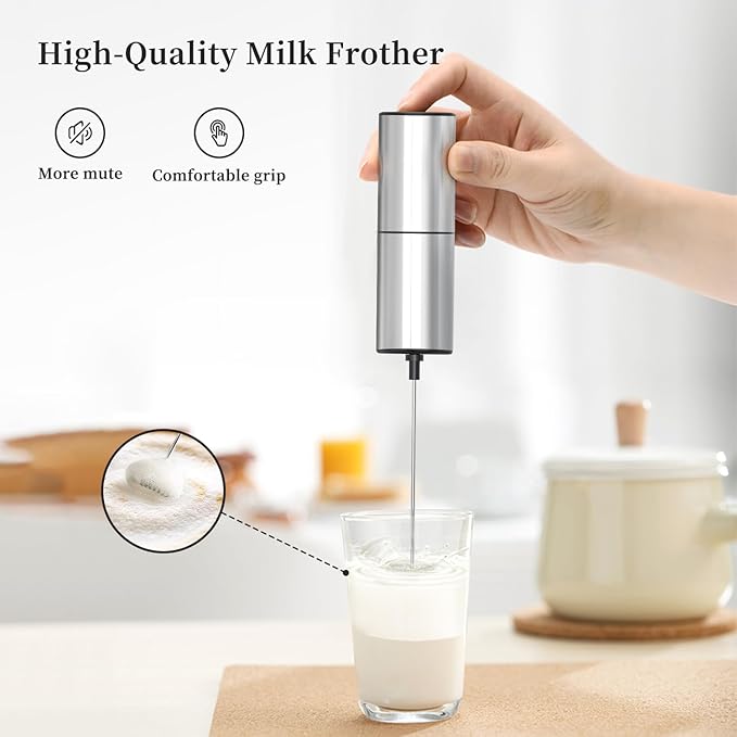 Electric Milk Frother Handheld, Stainless Steel Whisk for Coffee,Hot Chocolate,Matcha,Protein Powder,Mini Foam Maker with Stainless Steel body(Battery Operated with Stand)