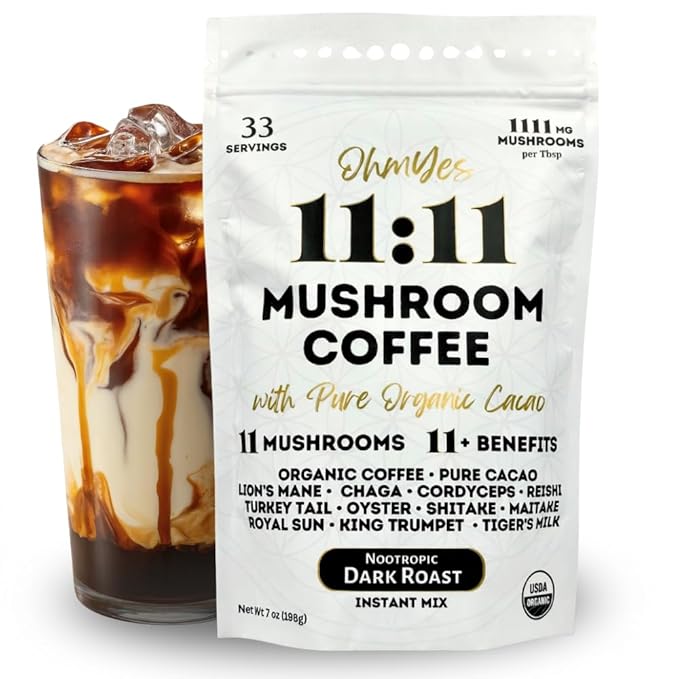OhmYes Mocha Mushroom Coffee with Pure Cacao | Organic 11 Mushroom Adaptogen Blend (Lions Mane, Reishi, Chaga, Cordyceps) | Premium Chocolate Dark Roast Instant Coffee | Unsweetened | 7oz