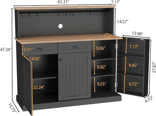 Sideboard Buffet Cabinet with 2 Drawers, Farmhouse Kitchen Pantry with Adjustable Shelves, Coffee Bar Cupboard Cabinet with 3 Doors for Kitchen, Dining Room (Black)