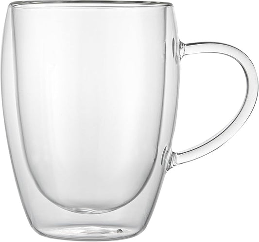 Restaurantware-Forma Professional 11.8 Ounce Glass Coffee Cups, 2 Insulated Coffee Cups With Handle - Dishwashable, Reusable, Clear Double Wall Beverage Tumblers, Freezable, For Hot Or Cold Beverages