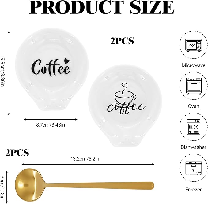 2 Pcs Coffee Spoon Rest, Monogram Ceramic Spoon Holder for Tablespoon, Teaspoon, Bar Spoon, With 2 Pcs Spoon for Coffee Lovers Girlfriend Wife Husband Anniversary Friends
