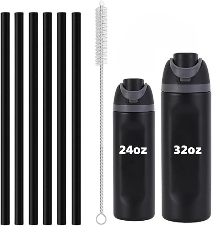 6PCS Replacement Straws for Owala Water Bottle 24 oz 32 oz, Reusable Plastic Food Grade Drinking Straws with Cleaning Brush Compatible for Owala Cup 24oz 32oz Tumbler Accessories (Black, 24oz/32oz)