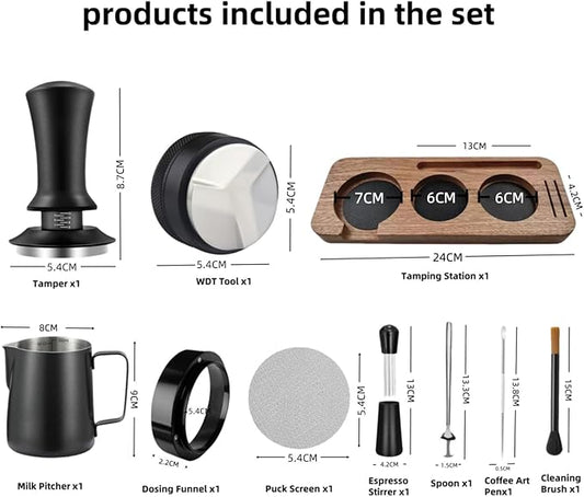54mm Espresso Accessories 10 PCS - WDT Tool Kit， Coffee Tamper with Wood Espresso Tamping Station， Frothing Pitcher, Distributor, Stirrer, Dosing Funnel, Brush, Puck Screen， Latte Art Pen