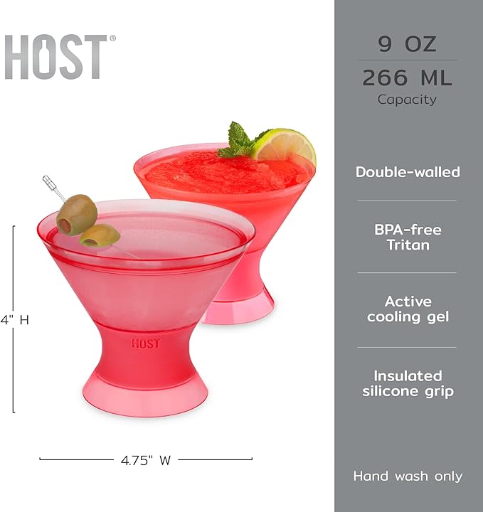 HOST Freeze Insulated Martini Cooling Cups, Plastic Freezer Gel Chiller Double Wall Stemless Cocktail Glass Set of 2, 9oz Punch Pink