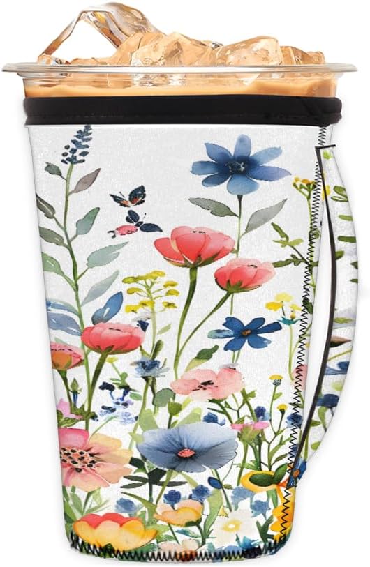 Reusable Iced Coffee Cup Sleeve Spring Flowers Neoprene Insulated Sleeves Cup Holder with handle Idea for 16oz - 18oz