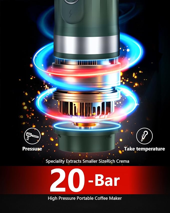 Portable Espresso Machine 3Minute Auto Heat12V Rechargeable Electri Coffee Maker 20 BaCompatible with NS DG Capsules and GroundCoffee for Camping, Travelling RVing HikingandOffice (Green)