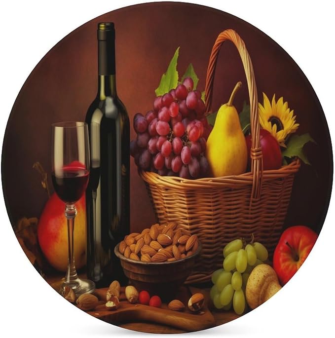 Round-6PCS Red Wine Drink Coasters, Round Modern Ceramic Absorbent Coasters, Retro Red Wine Bottle and Grapes Fruit Basket Pattern Decor Desk Coffee Table Coaster for Beverage Cup Tea Coasters