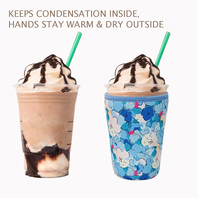 Reusable Insulated Neoprene Iced Coffee Cup Sleeve, Durable Drink Sleeve for Cold Beverages, Beverage Holder for Iced Coffee, Misty Blossom