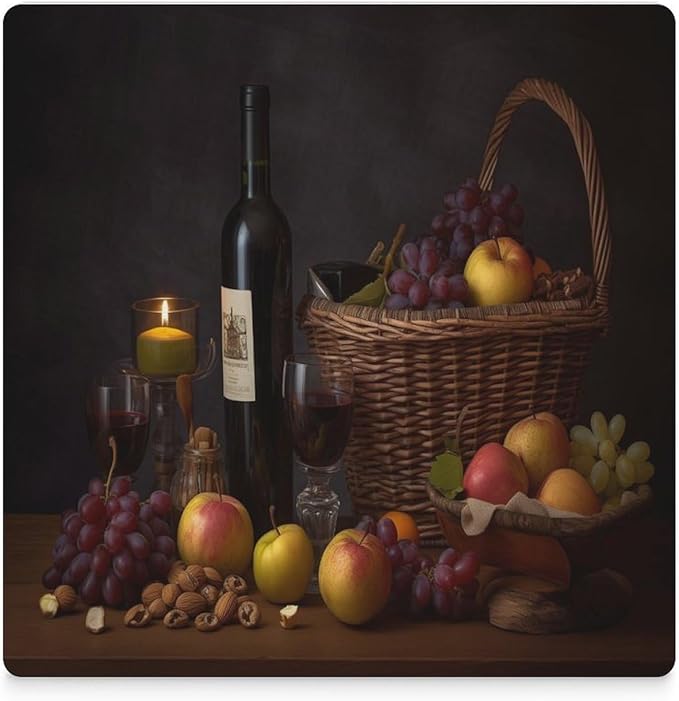 Red Wine Drink Coasters, Square Ceramic Drink Coaster Square-6PCS, Red Wine Bottle and Grapes on Wood Fruit Print Decor Absorbent Ceramic Coasters for Beverage Cup, Bar, Coffee Table