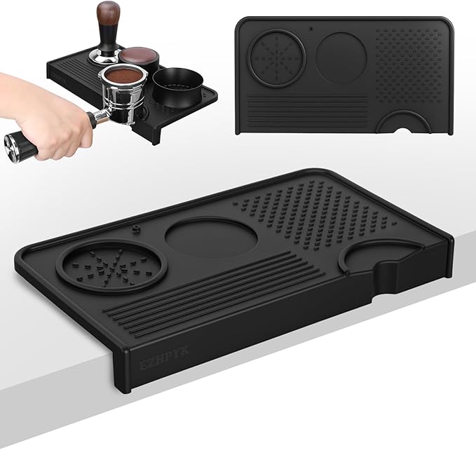 EZHPYK Espresso Tamping Mat for Counter – Food Grade Silicone Multi-Slot Coffee Tamper Mat for Barista Espresso Machine Accessories – Waterproof Neat Tamp Station Coffee Bar Mat for Countertop Black