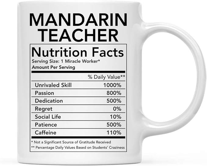 Andaz Press Funny 11oz. Ceramic Coffee Tea Mug Thank You Gift, Mandarin Teacher Nutritional Facts, 1-Pack, Novelty Gag Birthday Christmas Gift Ideas Coworker