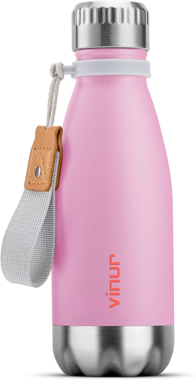 VINUR Kids 9 oz Water Bottle-Stainless Steel Insulated Mini Travel Water Bottle for Girls-Cola Shape Sports Flask with Carry Rope, Purple Pink