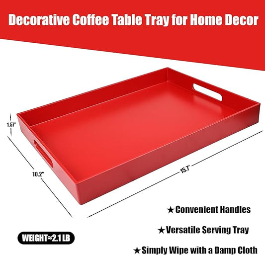 Red Serving Tray for Coffee Table, Rectangular Plastic Decorative Tray with Handles for Entertaining, Outdoor Patio, Living Room, Ottoman, Bathroom Counter, 11.8”*15.7”*1.6”