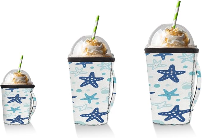 Blue Starfish Reusable Coffee Sleeves Iced Coffee Cozy Insulator, Summer Neoprene Holder with Handle for Cold Coffee or Ice Drink, Small 16-18oz