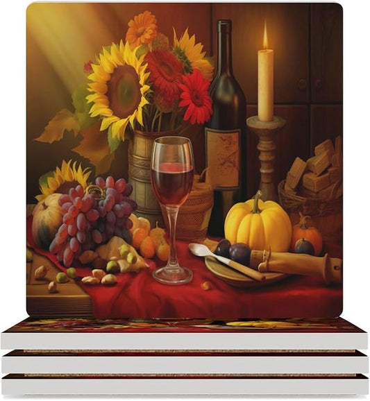 4PCS Red Wine Drink Coasters, Square Modern Ceramic Absorbent Coasters, Retro Wood Style Red Wine Fruit Grapes Fruit Floral Sunflower Decor Desk Coffee Table Coaster for Beverage Cup Tea Coasters