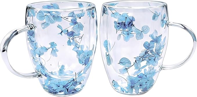 Viovian 13oz Double Wall Glass Coffee Mugs Set of 2 Insulated Glass Coffee Cups with Handles,Clear Dried Flower Tea Mug for Hot Beverages,Tea Cup Women Birthday Gifts