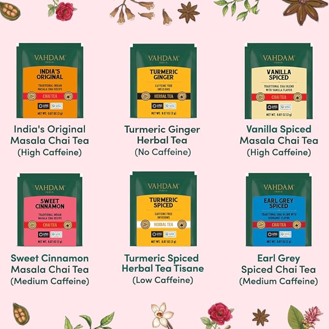 VAHDAM, Assorted Chai Tea Variety Pack (6 Delicious Flavors, 36 Eco Friendly Pyramid Tea Bags) Caffeinated, Gluten Free, Non GMO | Indian Masala Chai Tea Blends | Valentines Day Gifts for Him & Her