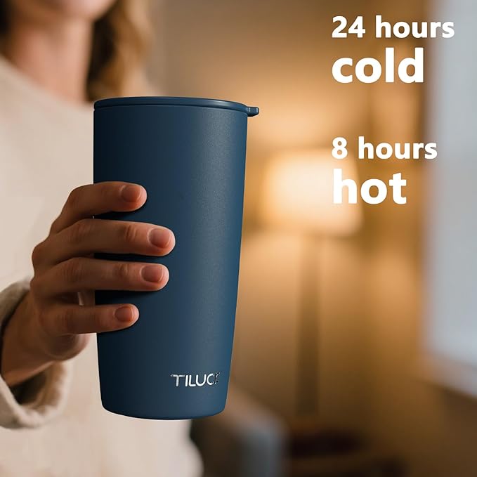 TILUCK 20 oz Tumbler with Lid, Vacuum Insulated Stainless Steel Coffee Mug, Double-Walled Travel Tumbler for Hot and Cold Drinks(DarkBlue, 20oz)
