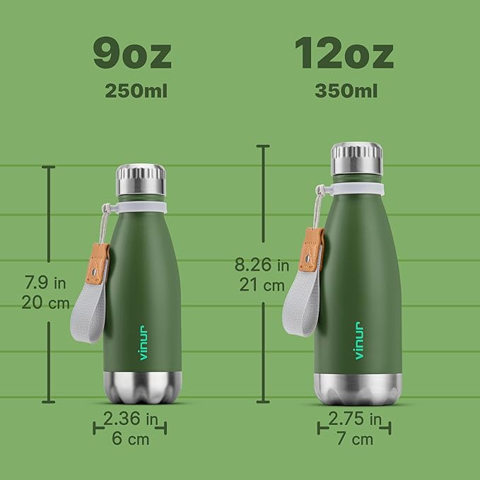 VINUR 9 oz Small Water Bottle | Leak-Proof Stainless Steel Metal Water Bottle with Carry Rope for School Travel, Grass Green