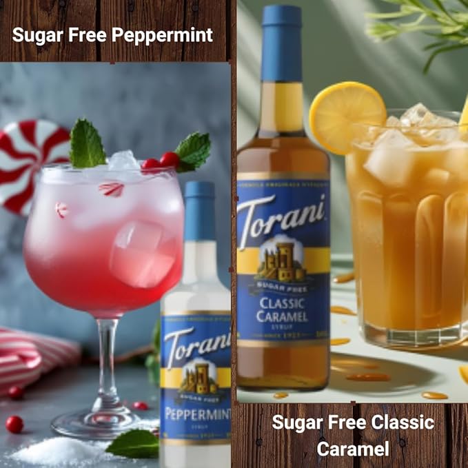 Jimoco Syrup Pump & Torani Syrup Bundle - Sugar Free Holiday Flavors, SF Pumpkin Pie, Brown Sugar Cinnamon, Peppermint, Vanilla Bean, French Vanilla, Caramel Classic - For Italian Soda Coffee, Lattes, Frappes With 6 Pump Dispensers