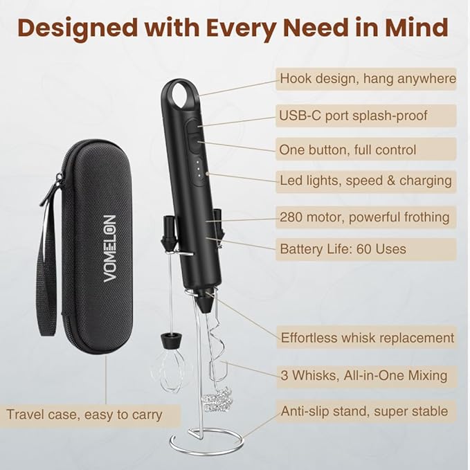 Rechargeable Milk Frother Handheld 3 Speed Coffee Foamer [3 Whisk] Electric Drink Mixer for Latte, Cappuccino, Coffee, Eggs, Hot Chocolate, Protein Black