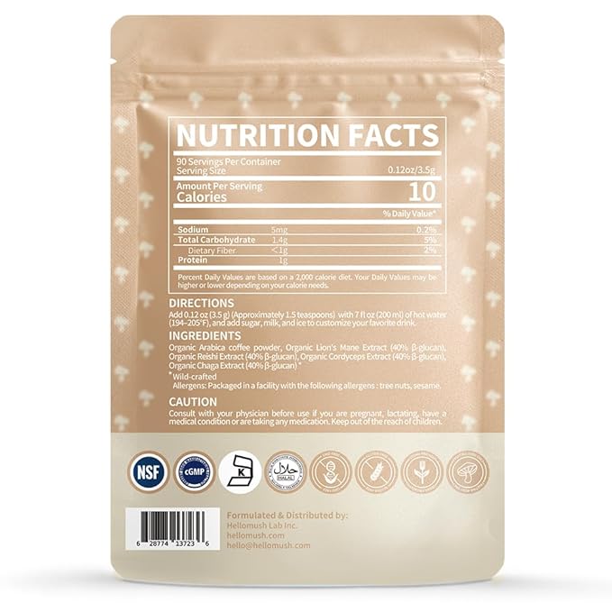 Hellomush Organic Instant Mushroom Coffee with Lions Mane, Reishi, Chaga and Cordyceps Coffee, Adaptogen Drink for Greater Energy, More Focus, Better Digestion, and Gut Support 90 Servings 11.11 oz
