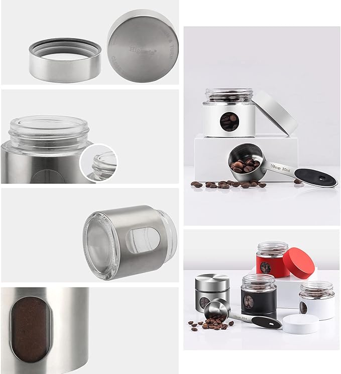 Coffee Canister Travel Jar, Mini Airtight Stainless Steel and Glass Food Storage Container Great for Coffee Bean and Coffee Grounds- White, 1.4 OZ