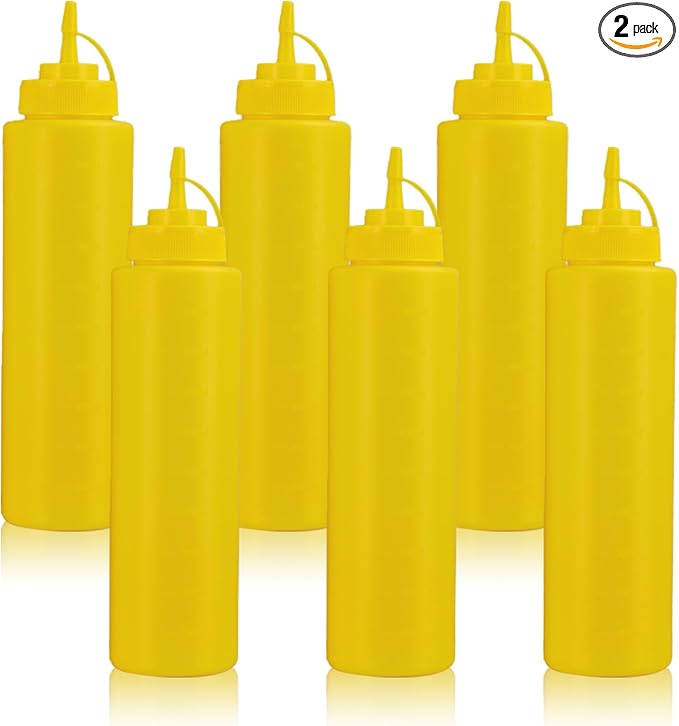 Squeeze Bottles for Sauces,Leak-Proof Condiment Dispenser, BPA-Free Kitchen Restaurant Squeeze Bottle Set with Wide Mouth for Ketchup, Mustard,Syrup,Dressings (Yellow, 6Pack-32oz(900ml))