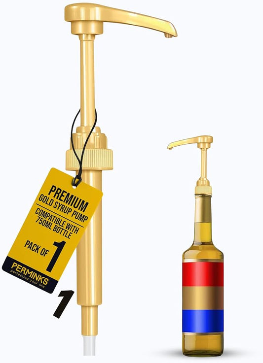 Premium Syrup Pump Compatible with Torani 750 ml Bottle, Davinci Syrups - No Spill, No Clog Syrup Pump Dispenser for Vanilla, Snow Cone, Blueberry, Coffee Flavoring & More (Pack of 1, Gold)