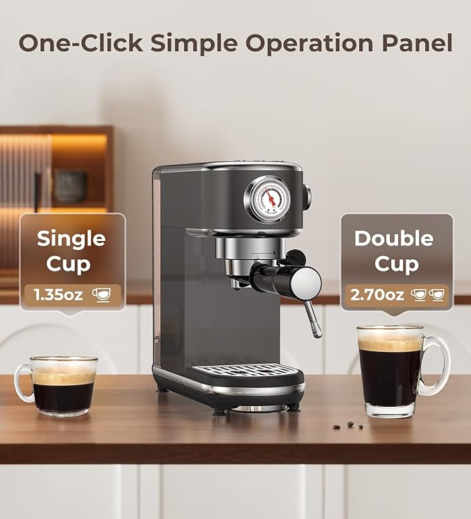 20 Bar Espresso Machine with Milk Frother, Compact Espresso Maker, Stainless Steel Coffee Machine with Precise Temp Control & 44oz Removable Water Tank for Latte, Cappuccino, Dark Grey