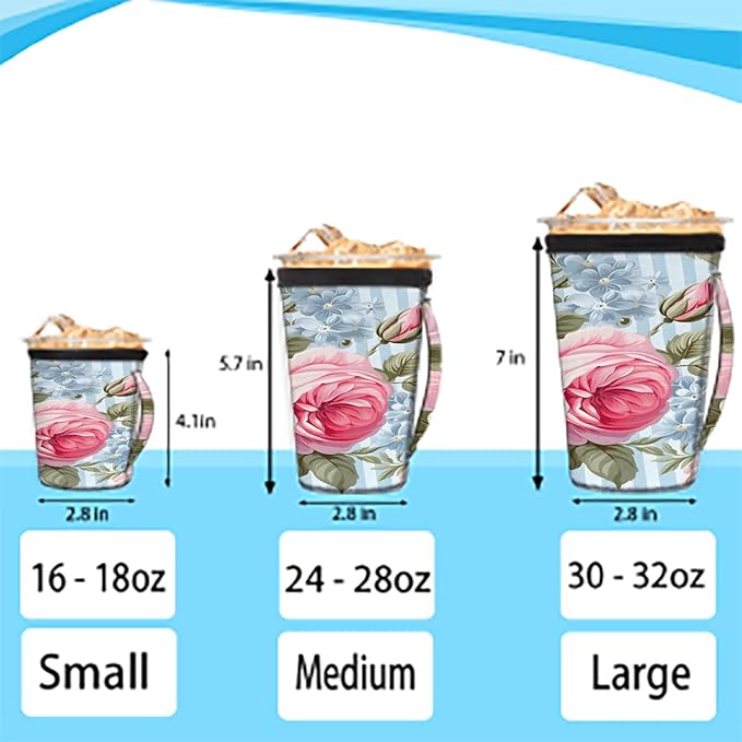 Reusable Iced Coffee Cup Sleeve Rose Blue Stripes Neoprene Insulated Sleeves Cup Holder with handle Idea for 24oz - 28oz