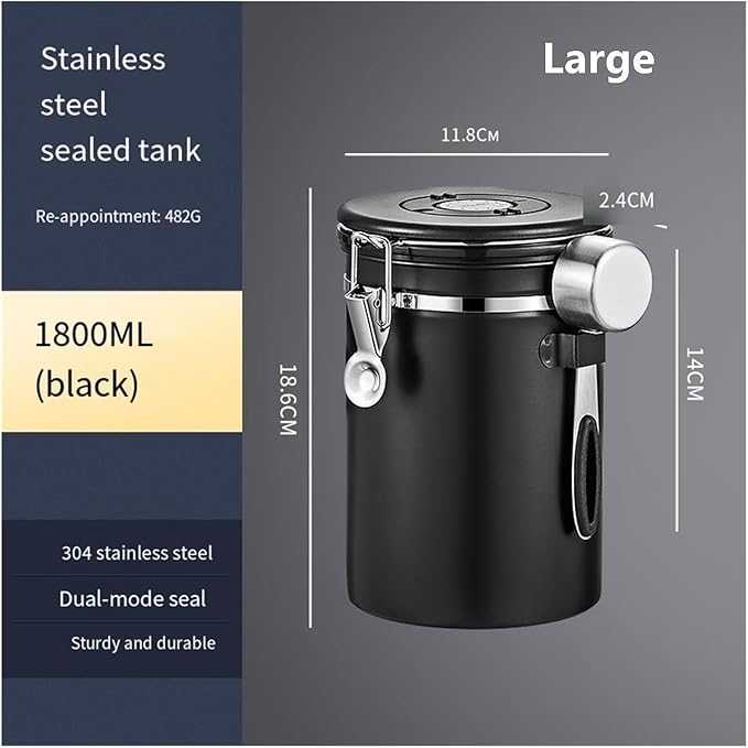 1200/1500/1800/2800ML Large Capacity Coffee Bean Vacuum Storage Container - Food-Grade Stainless Steel Airtight Canister With One-Way Air Valve For Grains, Tea, Nuts & Coffee Grounds(Black,Large)