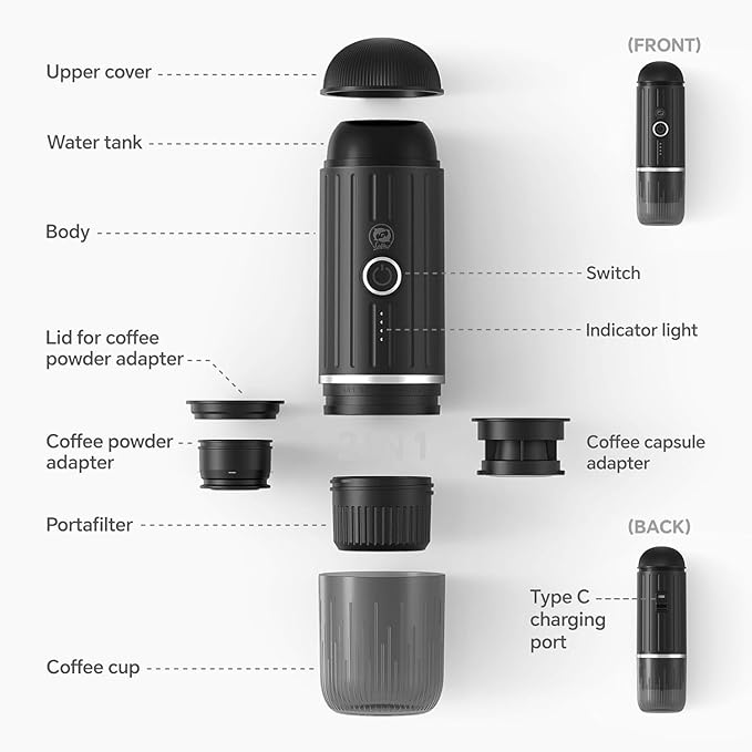 Portable Electric Espresso Coffee Maker Electric Coffee Machine Compatible with NS Capsules and Coffee grounds for Camping, Travel, Home【Heating version】