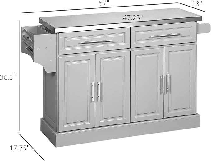 HOMCOM Rolling Kitchen Island Cart with 47" Stainless Steel Top, Portable Island Table for Kitchen with Wheels, Adjustable Shelves, 2 Drawers, Spice, Knife and Towel Rack, Gray