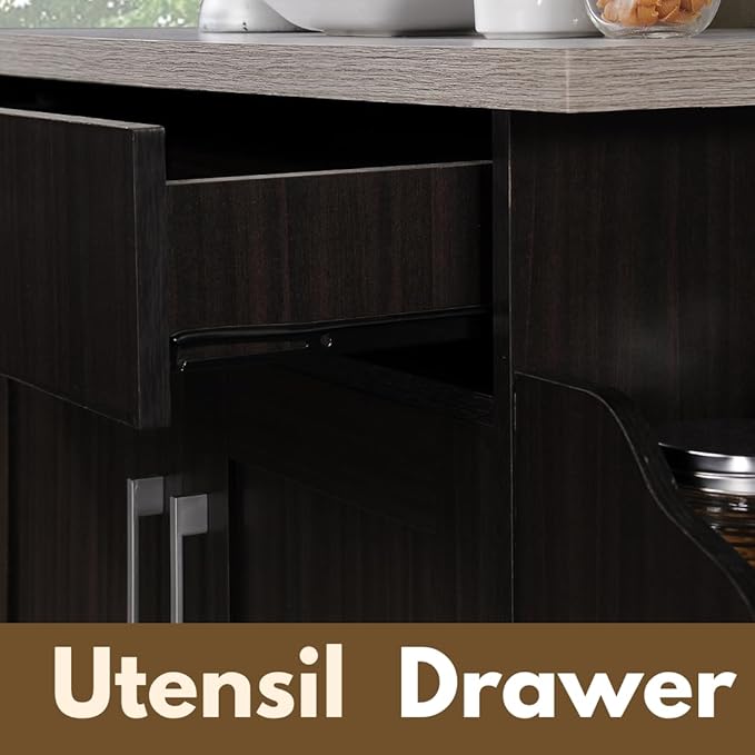 Hodedah Rolling Wood Kitchen Island Cart with Spice Rack, Towel Rack, Utensil Drawer plus Cabinet, White with Beech Top