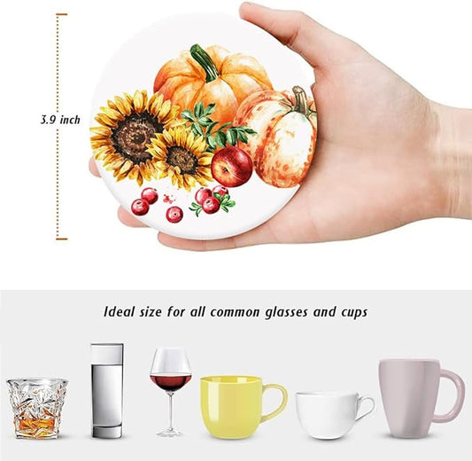 Drink Coasters for Drinks Set of 6, Autumn Pumpkins Sunflower and Berries Absorbent Round Ceramic Stone Mat Coaster, with Cork Base and Metal Holder, Home Bar Decor House Warming Gift