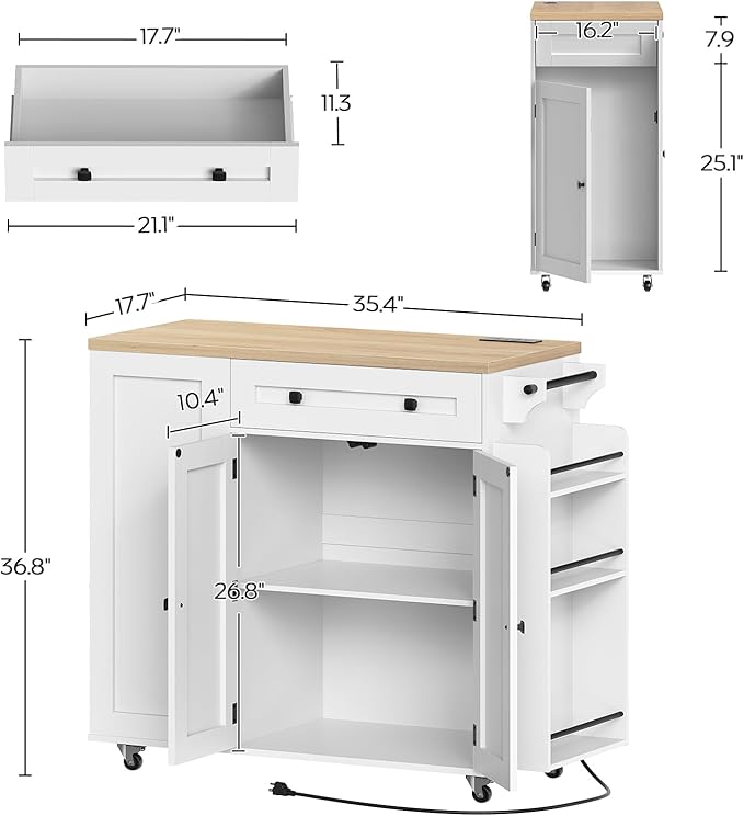 Kitchen Island with Storage, Mobile Rolling Cart with Trash Can Storage, Kitchen Island on Wheels, Rolling Island Table with Charging Station, Paper Holder, for Kitchen, White ZD02UWN
