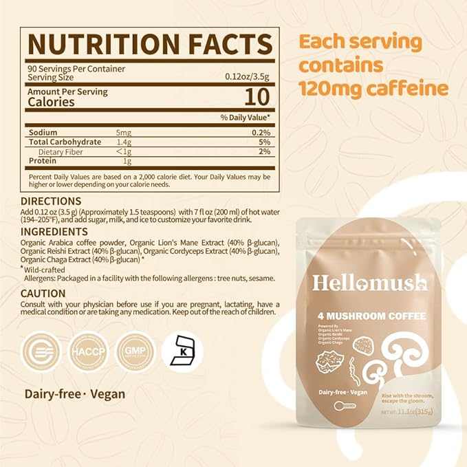 Hellomush Organic Instant Mushroom Coffee with Lions Mane, Reishi, Chaga and Cordyceps Coffee 30 Servings 3.7 oz