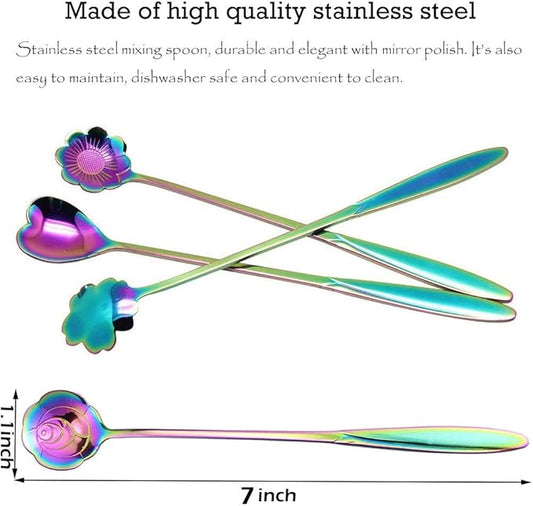 Rainbow Stainless Steel Reusable Tea Scoops and Stirring Spoons - Set of 4, Coffee, Mixing, Sugar, Dessert, Cake, Ice Cream Spoons for Tea Party, Dishwasher Safe