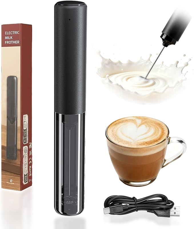 Electric Milk Frother Rechargeable with Cover, Portable Coffee Whisk Frother Black, Compact Electric Beverage Stirrer Wand for Latte, Cappuccino, Kitchen, Outdoor